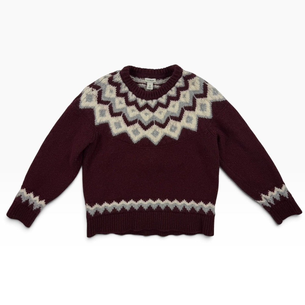 L.L.Bean Fair Isle 100% Lambswool Sweater Burgundy Nordic Medium Petite MP